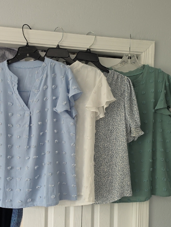 unknown brand Tops - Set Of Women’s Textured Flutter Sleeve Top - Light Blue, White, Patterned, Green